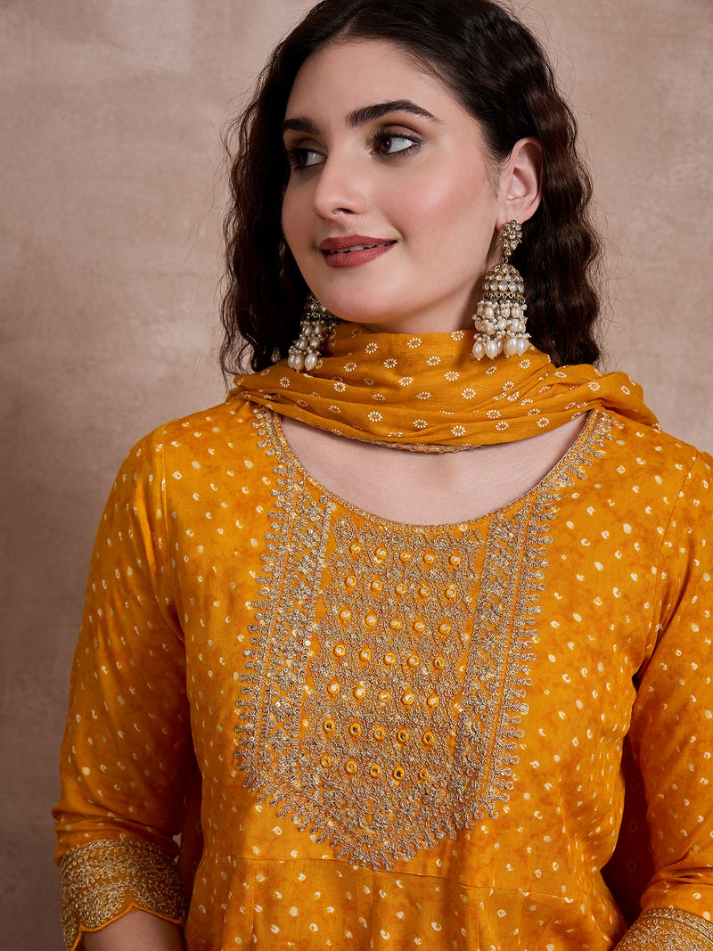 Orange Bhandhej Print & Mirror Work Anarkali Kurta With Trouser & Dupatta Kurta Set