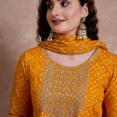 Orange Bhandhej Print & Mirror Work Anarkali Kurta With Trouser & Dupatta Kurta Set
