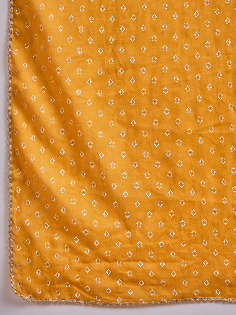 Orange Bhandhej Print & Mirror Work Anarkali Kurta With Trouser & Dupatta Kurta Set