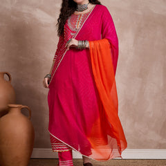 Red Bhandhej Print & Mirror Work Anarkali Kurta With Trouser & Dupatta Kurta Set