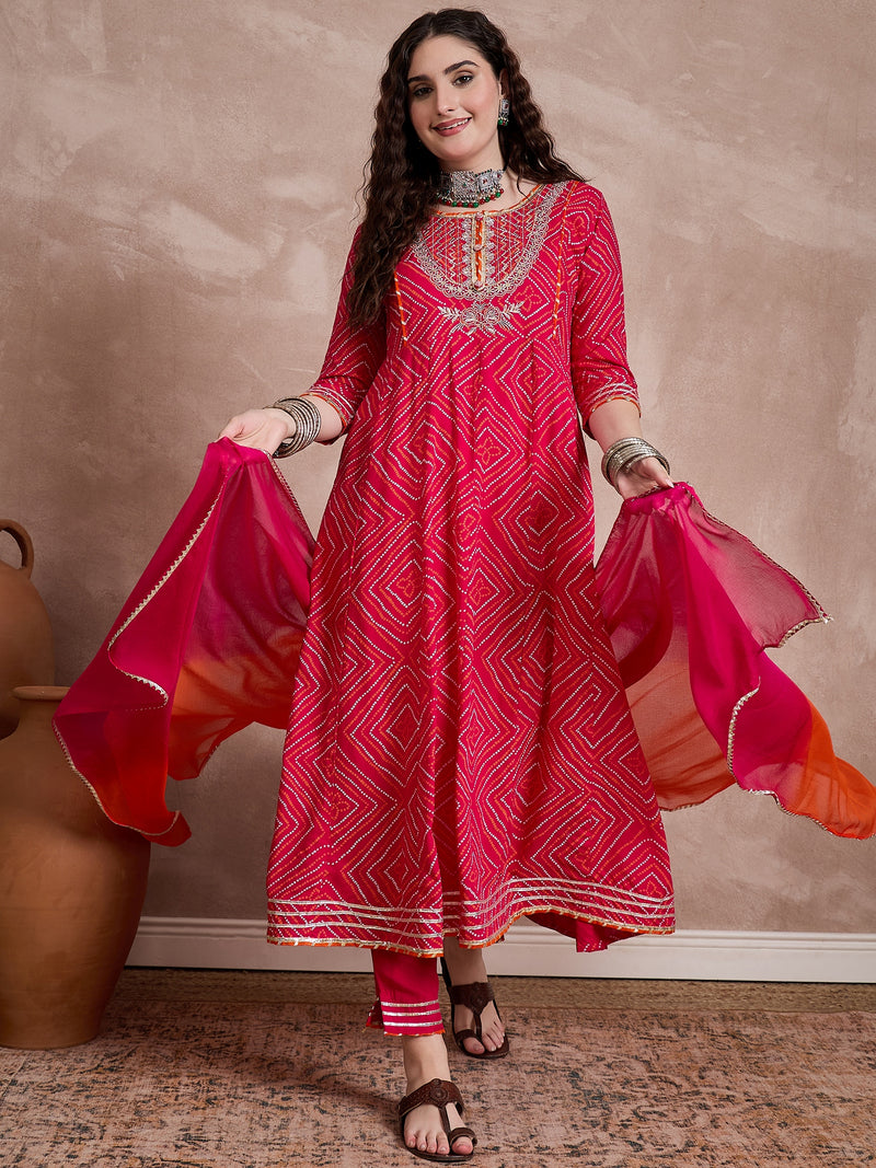Red Bhandhej Print & Mirror Work Anarkali Kurta With Trouser & Dupatta Kurta Set