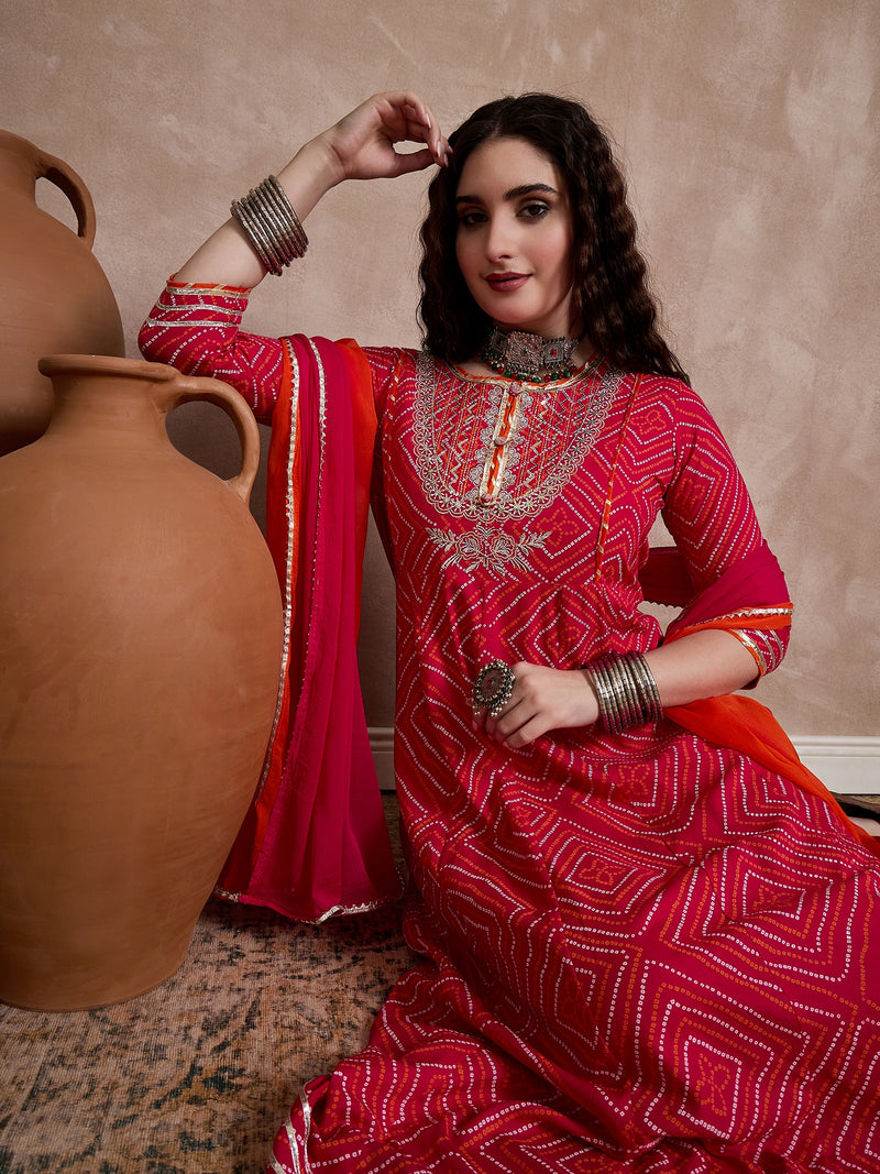 Red Bhandhej Print & Mirror Work Anarkali Kurta With Trouser & Dupatta Kurta Set