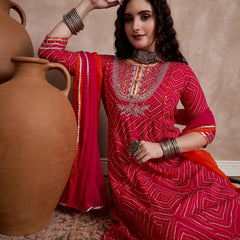 Red Bhandhej Print & Mirror Work Anarkali Kurta With Trouser & Dupatta Kurta Set