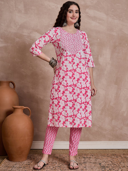 Pink Floral Print & Mirror Work Straight Kurta With Trouser & Dupatta Kurta Set
