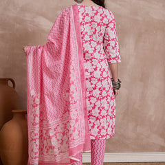 Pink Floral Print & Mirror Work Straight Kurta With Trouser & Dupatta Kurta Set