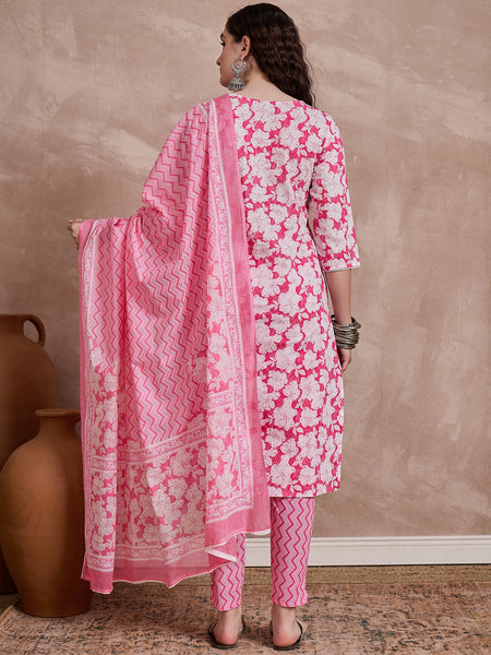 Pink Floral Print & Mirror Work Straight Kurta With Trouser & Dupatta Kurta Set