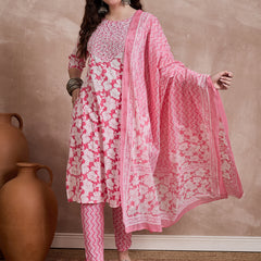 Pink Floral Print & Mirror Work Straight Kurta With Trouser & Dupatta Kurta Set