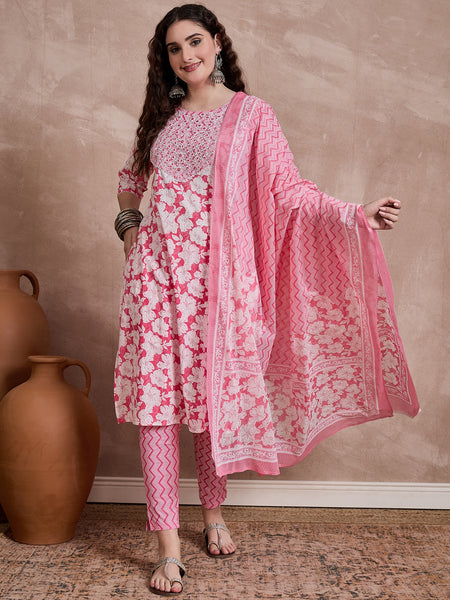 Pink Floral Print & Mirror Work Straight Kurta With Trouser & Dupatta Kurta Set