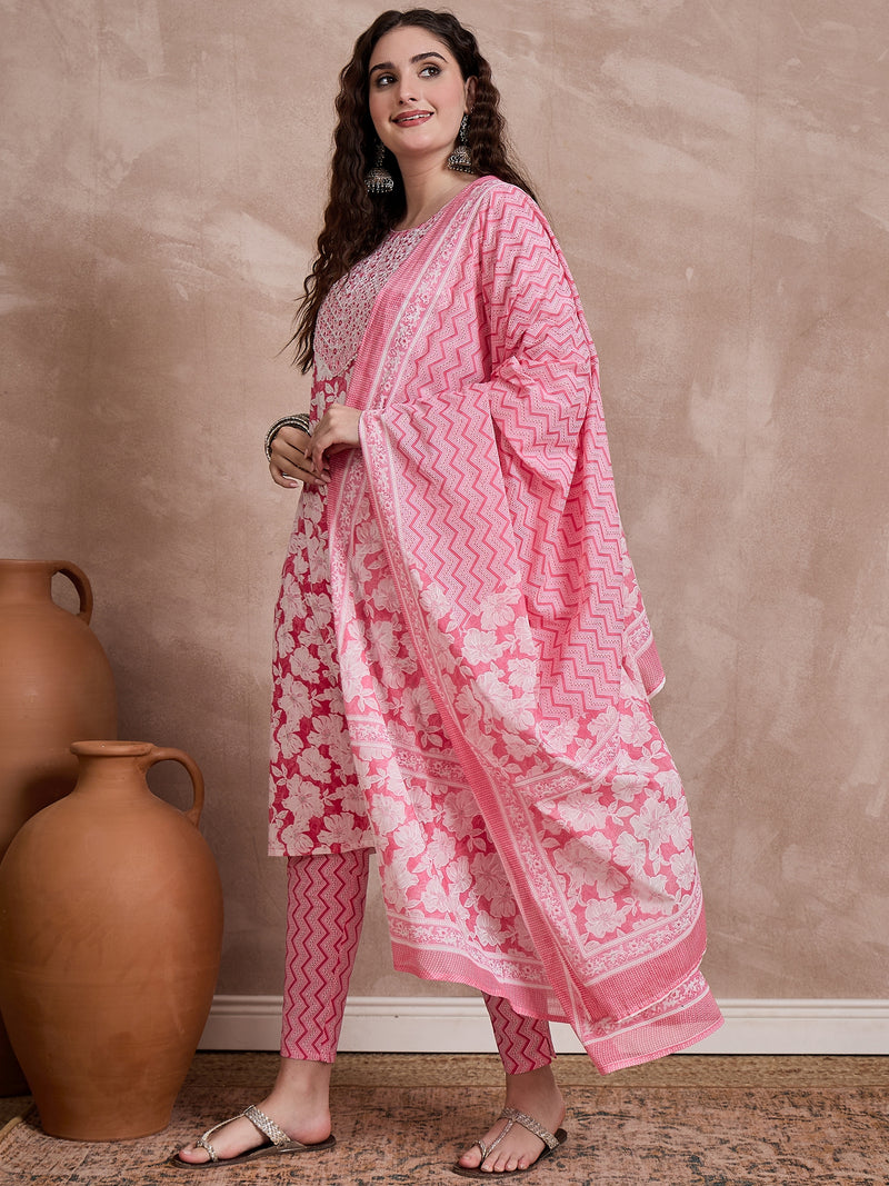 Pink Floral Print & Mirror Work Straight Kurta With Trouser & Dupatta Kurta Set