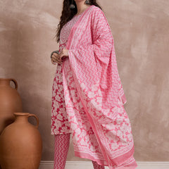 Pink Floral Print & Mirror Work Straight Kurta With Trouser & Dupatta Kurta Set