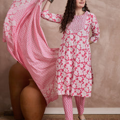 Pink Floral Print & Mirror Work Straight Kurta With Trouser & Dupatta Kurta Set