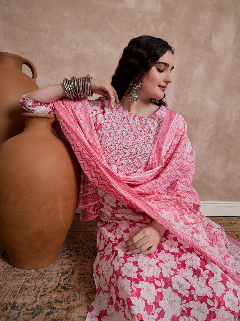 Pink Floral Print & Mirror Work Straight Kurta With Trouser & Dupatta Kurta Set