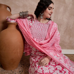 Pink Floral Print & Mirror Work Straight Kurta With Trouser & Dupatta Kurta Set
