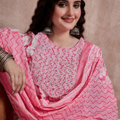 Pink Floral Print & Mirror Work Straight Kurta With Trouser & Dupatta Kurta Set