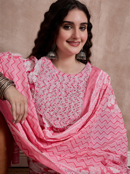 Pink Floral Print & Mirror Work Straight Kurta With Trouser & Dupatta Kurta Set