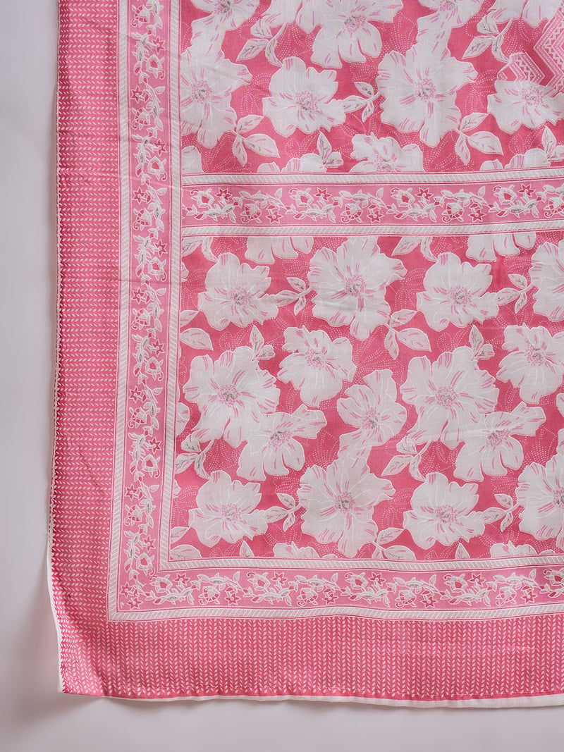 Pink Floral Print & Mirror Work Straight Kurta With Trouser & Dupatta Kurta Set