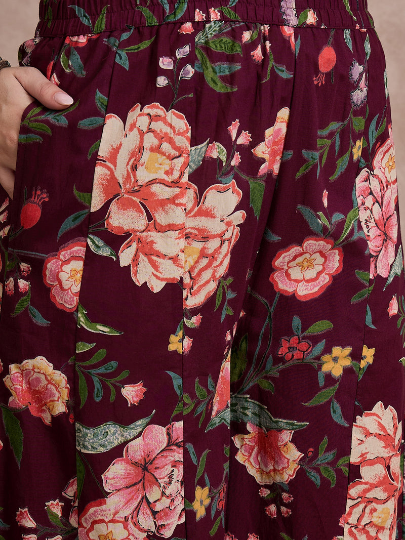 Floral Embroidered Notch Neck Sequinned Straight Kurta With Palazzo & Dupatta