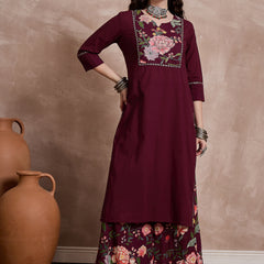 Floral Embroidered Notch Neck Sequinned Straight Kurta With Palazzo & Dupatta