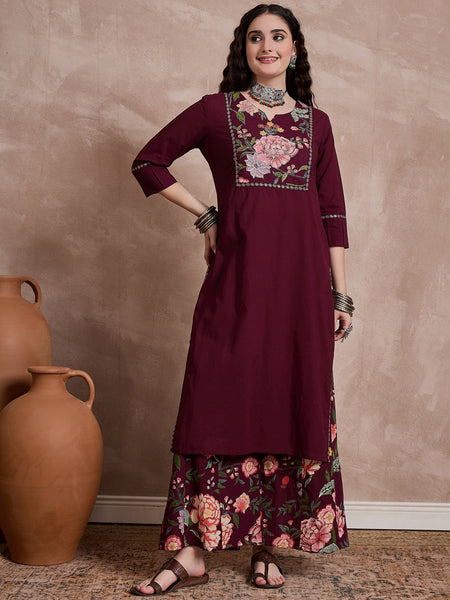 Floral Embroidered Notch Neck Sequinned Straight Kurta With Palazzo & Dupatta