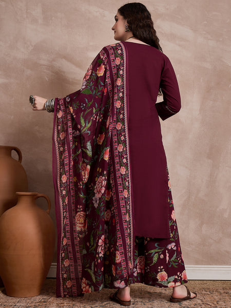 Floral Embroidered Notch Neck Sequinned Straight Kurta With Palazzo & Dupatta