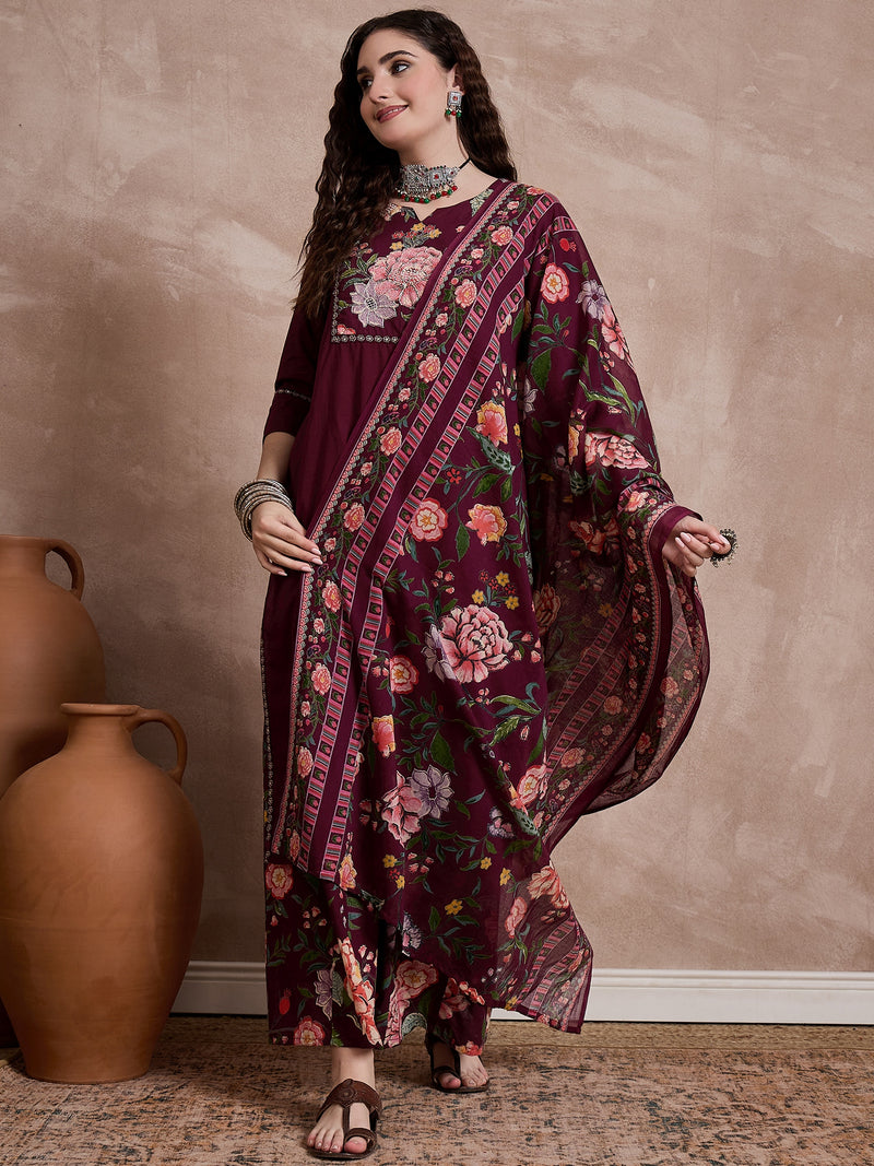 Floral Embroidered Notch Neck Sequinned Straight Kurta With Palazzo & Dupatta