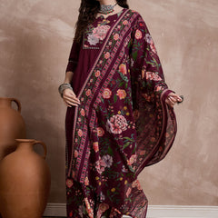 Floral Embroidered Notch Neck Sequinned Straight Kurta With Palazzo & Dupatta