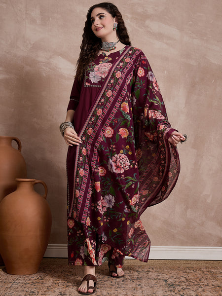 Floral Embroidered Notch Neck Sequinned Straight Kurta With Palazzo & Dupatta