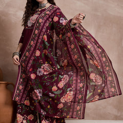 Floral Embroidered Notch Neck Sequinned Straight Kurta With Palazzo & Dupatta