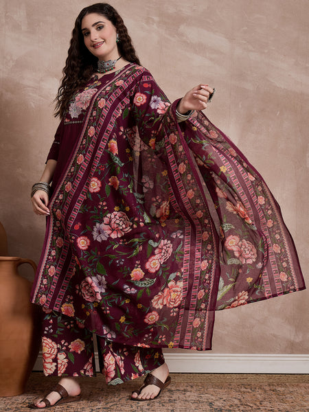 Floral Embroidered Notch Neck Sequinned Straight Kurta With Palazzo & Dupatta