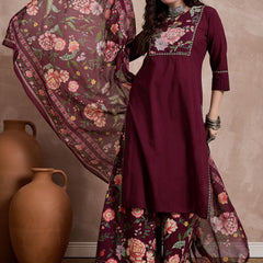 Floral Embroidered Notch Neck Sequinned Straight Kurta With Palazzo & Dupatta