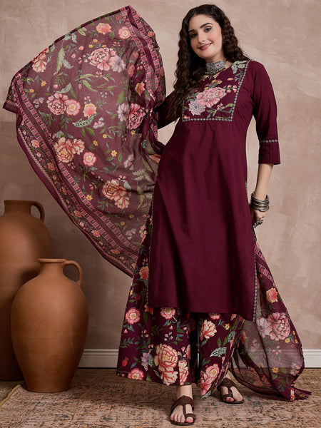 Floral Embroidered Notch Neck Sequinned Straight Kurta With Palazzo & Dupatta