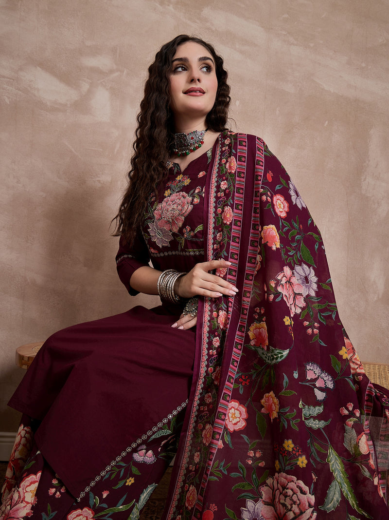 Floral Embroidered Notch Neck Sequinned Straight Kurta With Palazzo & Dupatta
