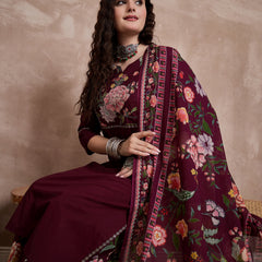 Floral Embroidered Notch Neck Sequinned Straight Kurta With Palazzo & Dupatta