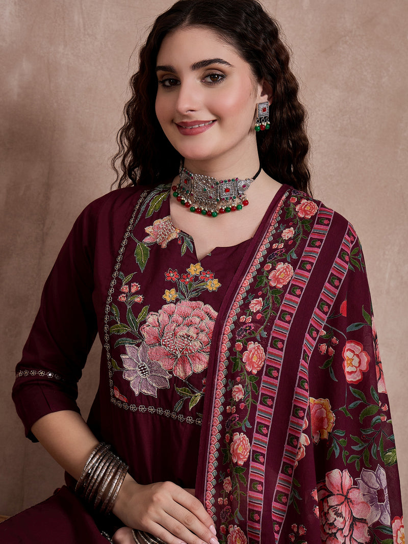 Floral Embroidered Notch Neck Sequinned Straight Kurta With Palazzo & Dupatta