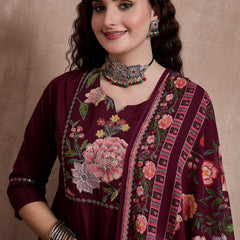 Floral Embroidered Notch Neck Sequinned Straight Kurta With Palazzo & Dupatta