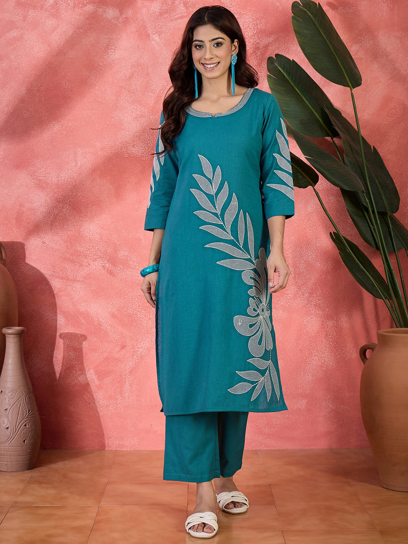 Pure Cotton Floral Embroidered Straight Kurta With Trousers