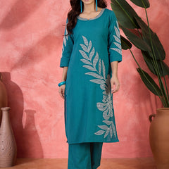 Pure Cotton Floral Embroidered Straight Kurta With Trousers