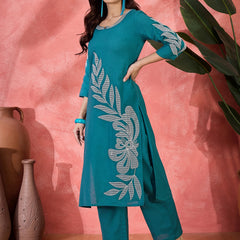 Pure Cotton Floral Embroidered Straight Kurta With Trousers