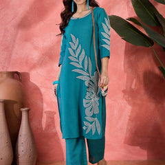 Pure Cotton Floral Embroidered Straight Kurta With Trousers