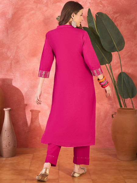 Pure Cotton Mirror Work Straight Kurta With Trouser Kurta Set