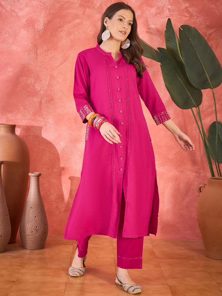 Pure Cotton Mirror Work Straight Kurta With Trouser Kurta Set