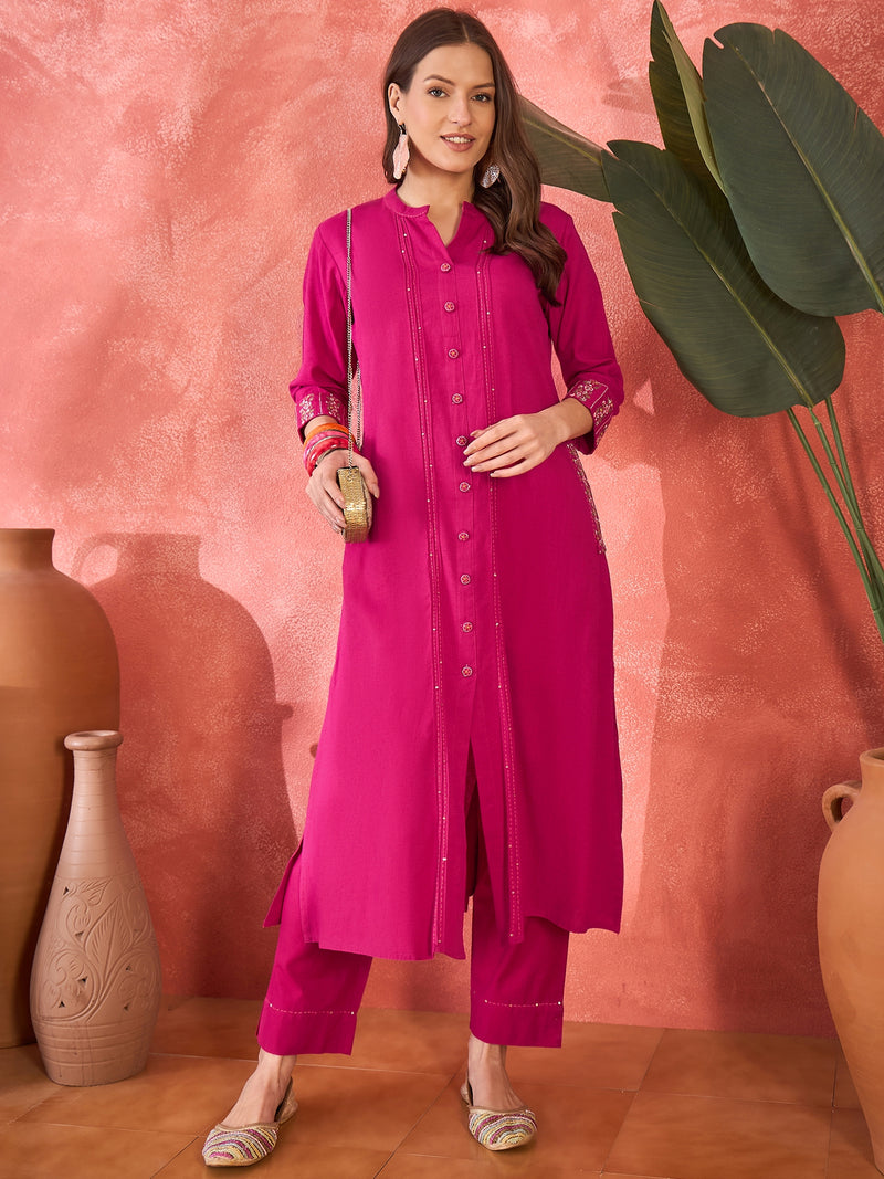 Pure Cotton Mirror Work Straight Kurta With Trouser Kurta Set