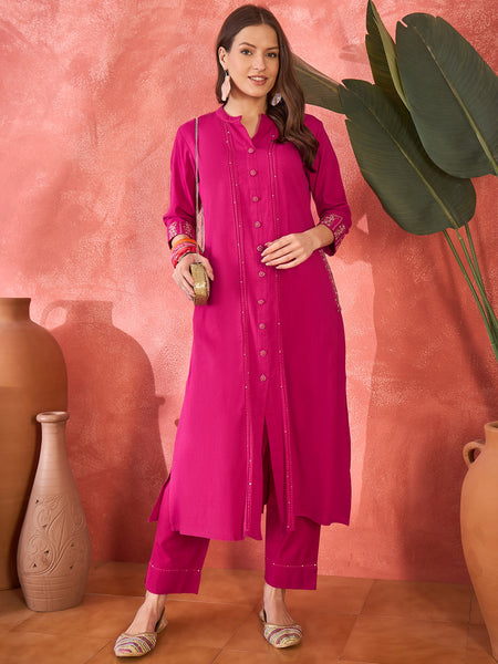 Pure Cotton Mirror Work Straight Kurta With Trouser Kurta Set