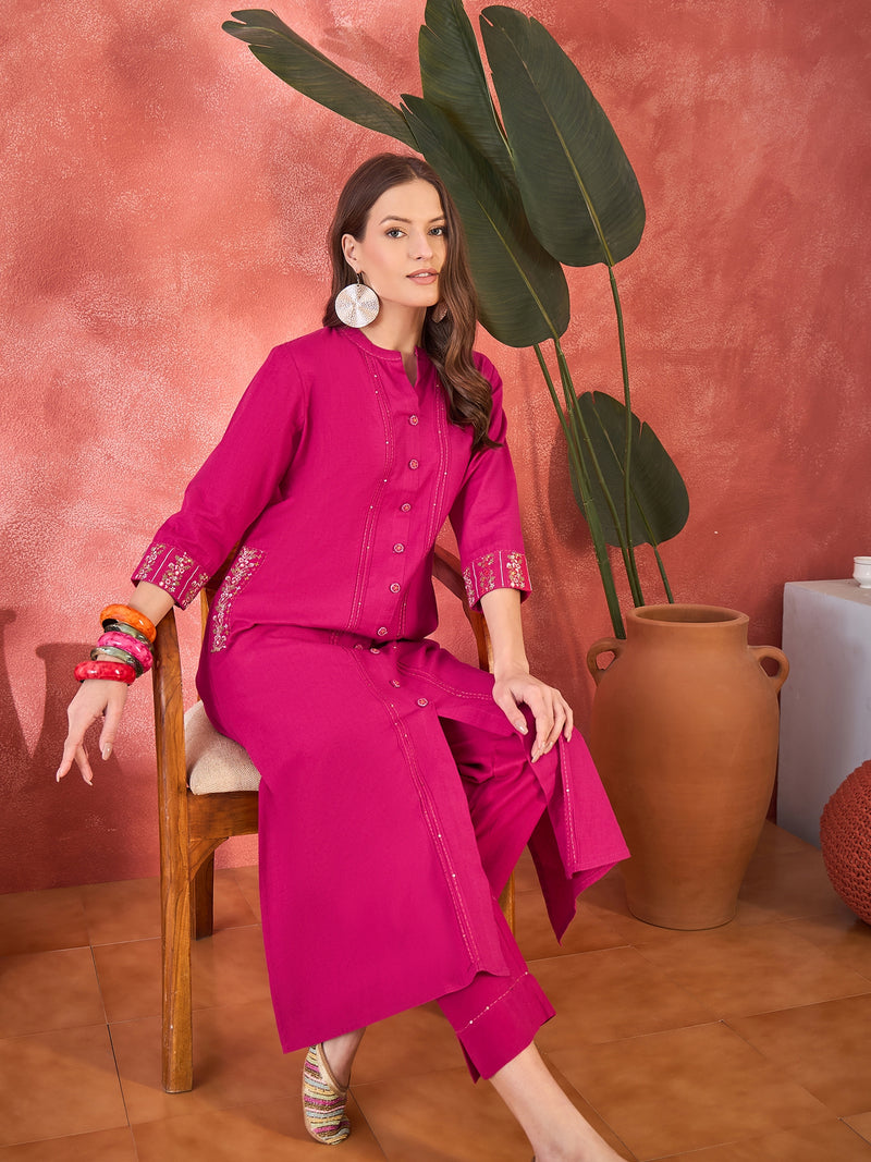 Pure Cotton Mirror Work Straight Kurta With Trouser Kurta Set