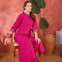 Pure Cotton Mirror Work Straight Kurta With Trouser Kurta Set