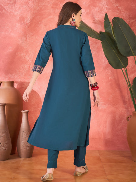 Pure Cotton Mirror Work Straight Kurta With Trouser Kurta Set