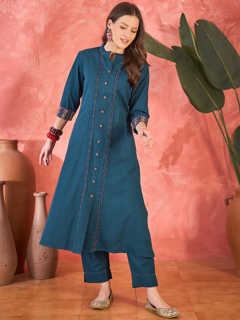 Pure Cotton Mirror Work Straight Kurta With Trouser Kurta Set