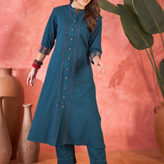 Pure Cotton Mirror Work Straight Kurta With Trouser Kurta Set
