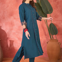 Pure Cotton Mirror Work Straight Kurta With Trouser Kurta Set