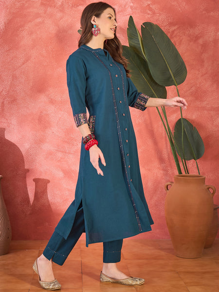 Pure Cotton Mirror Work Straight Kurta With Trouser Kurta Set